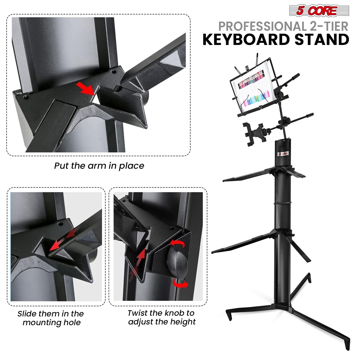 5Core Keyboard Stand 2 Tier Classic Adjustable Electric Piano Sturdy Holder BLACK-2