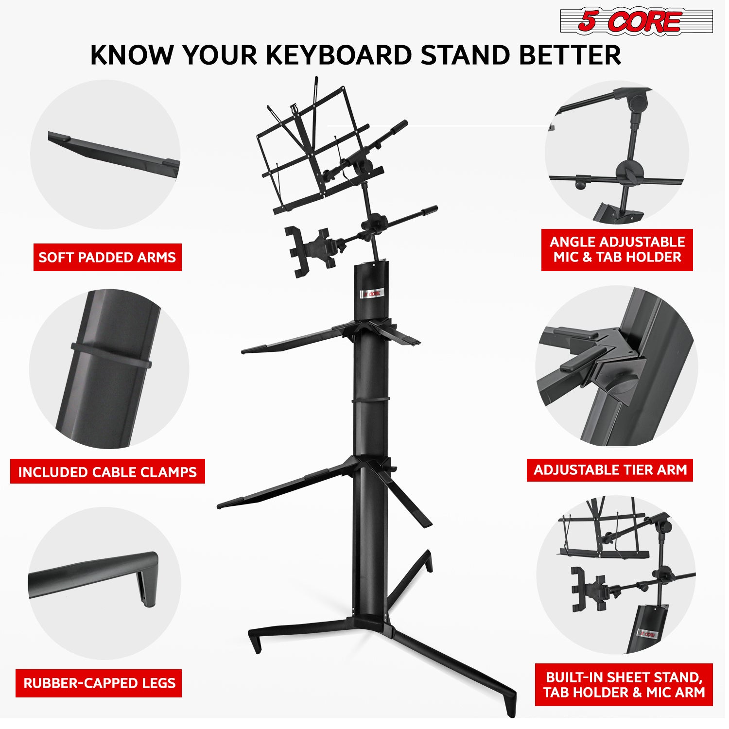 5Core Keyboard Stand 2 Tier Classic Adjustable Electric Piano Sturdy Holder BLACK-3