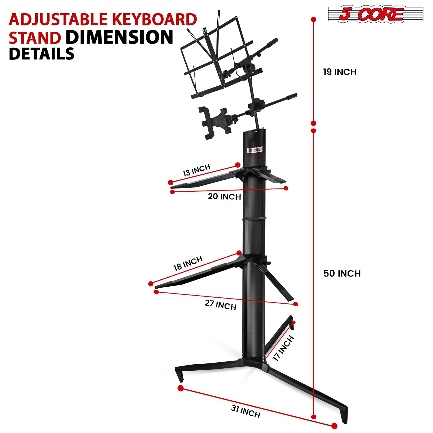 5Core Keyboard Stand 2 Tier Classic Adjustable Electric Piano Sturdy Holder BLACK-4