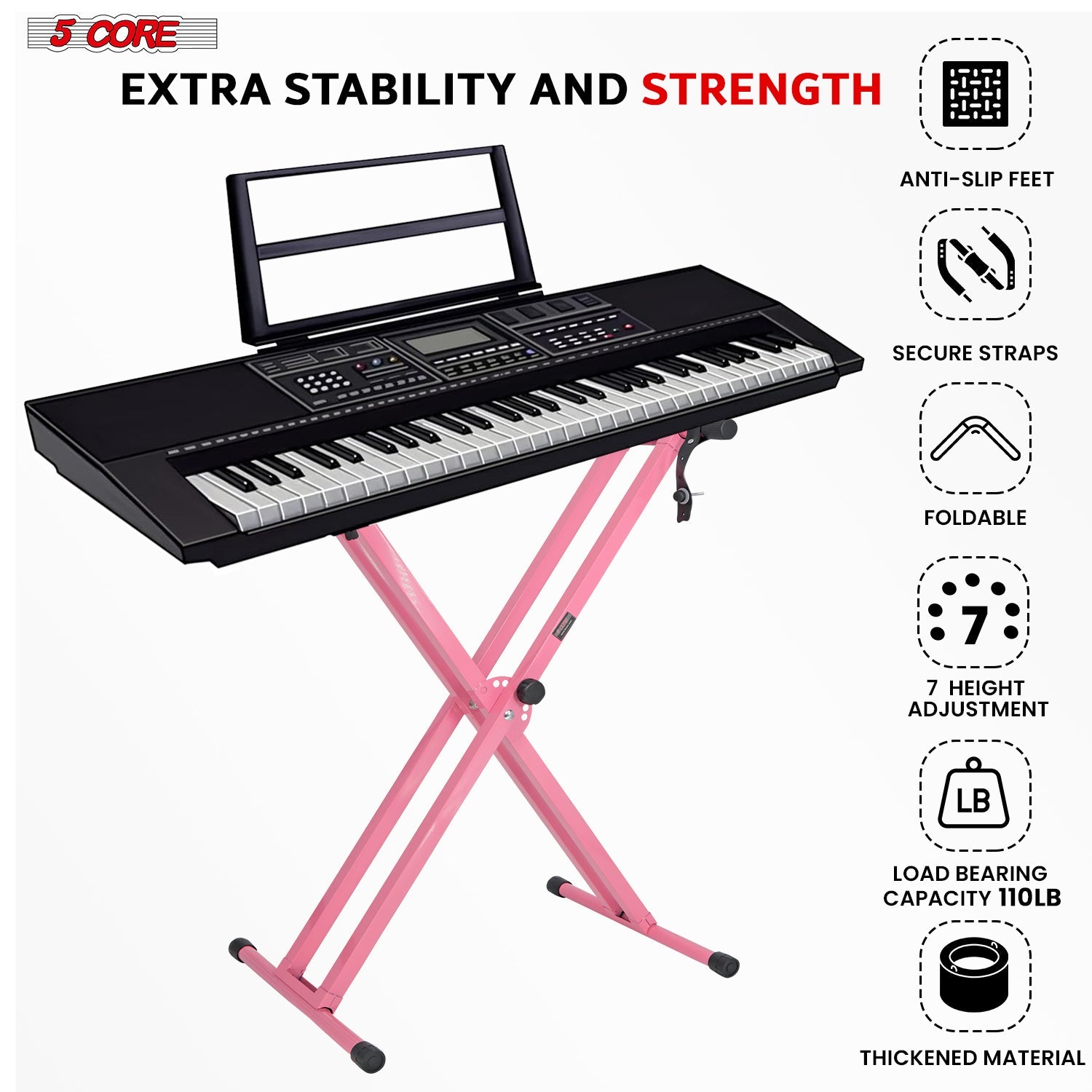 5Core Keyboard Stand Double X Style Adjustable Lift Piano Riser For 49 To 88 Keys BABY PINK-4